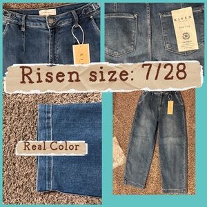 Risen high rise medium wash adjustable waistband wide leg pleated trouser hem